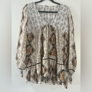 Free People Long Sleeve Top, Women’s Boho Cream & Brown Printed Peasant Top - S